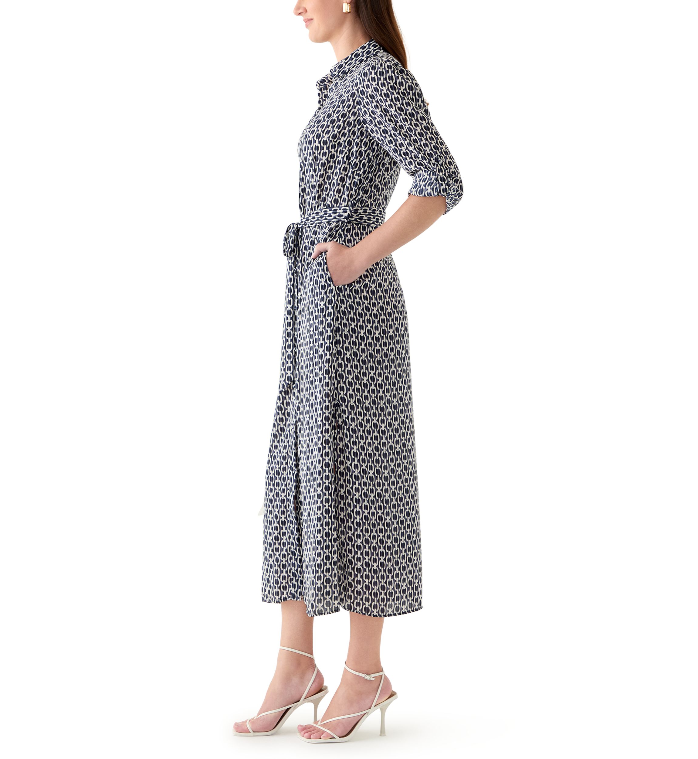Womens Geo Print Roll Tab Shirt Dress