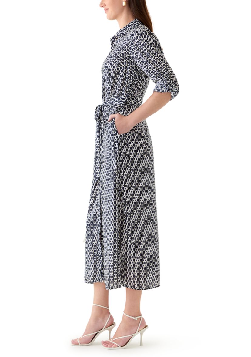 Womens Geo Print Roll Tab Shirt Dress