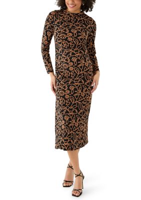 Vince Camuto Women's Mock Neck Floral Side Ruched Dress, Black, Large