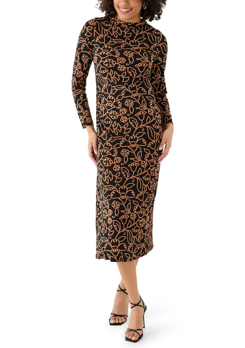 Womens Mock Neck Floral Side Ruched Dress