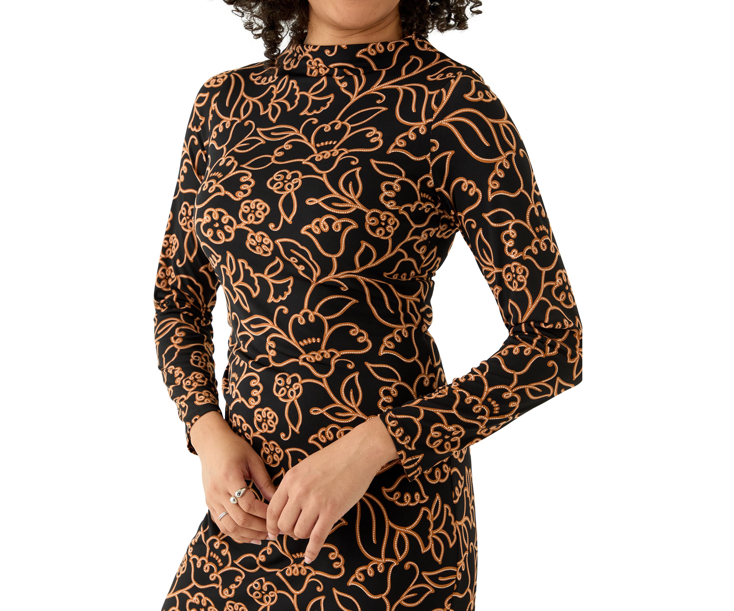Womens Mock Neck Floral Side Ruched Dress