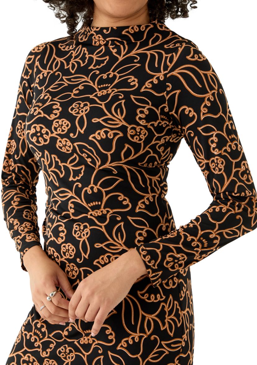 Womens Mock Neck Floral Side Ruched Dress
