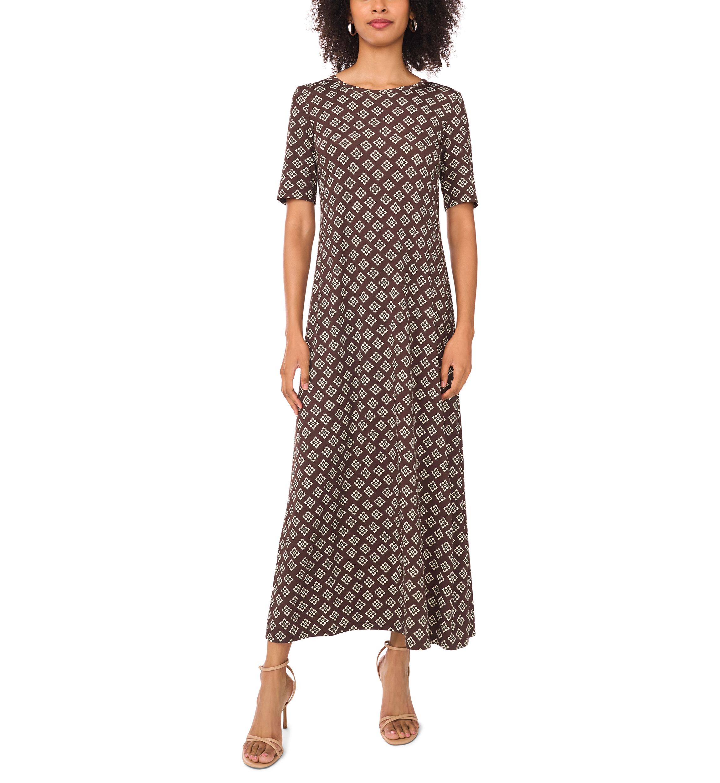 Womens Elbow Sleeve Printed Maxi Dress