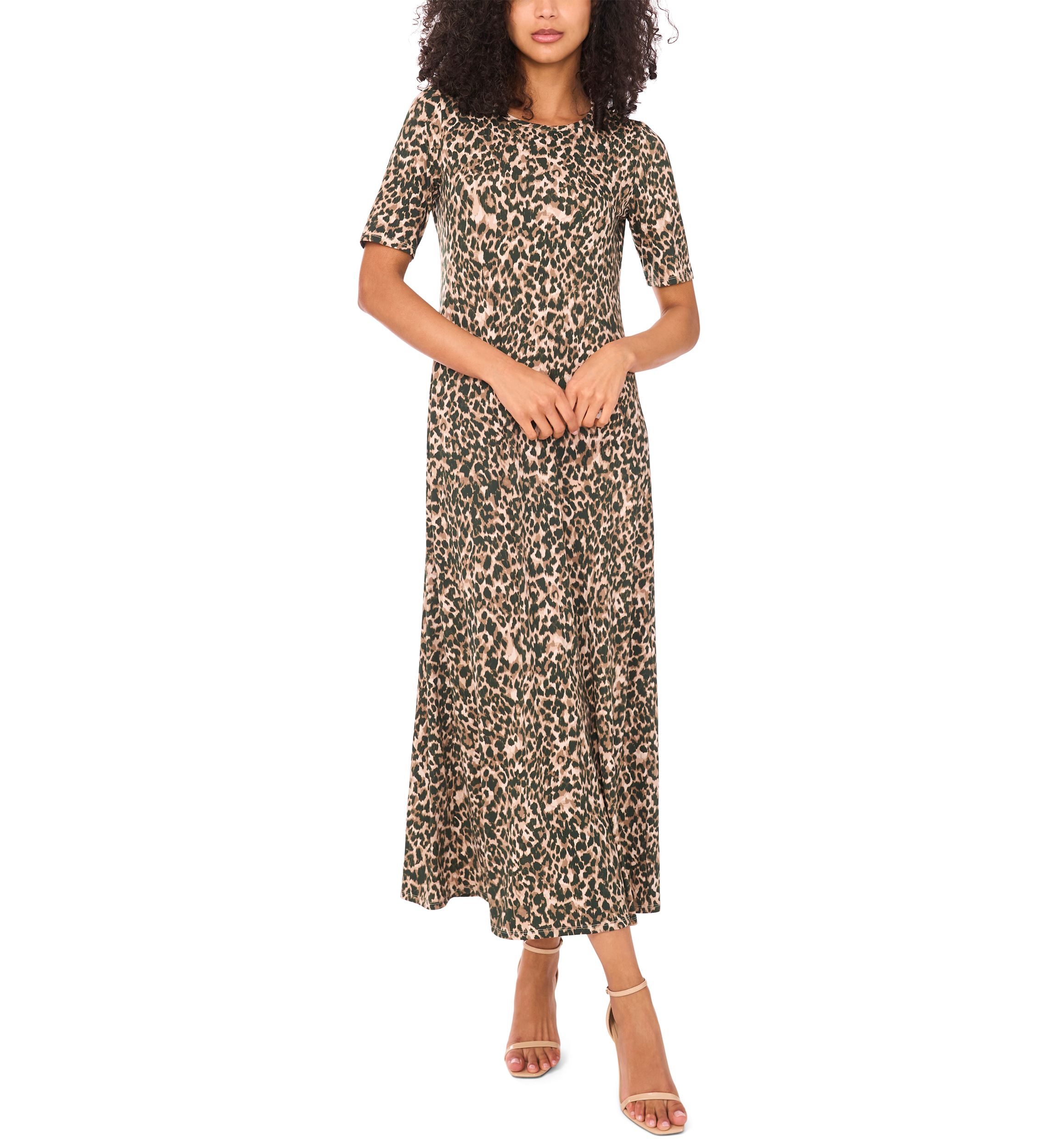 Womens Elbow Sleeve Animal Print Maxi Dress