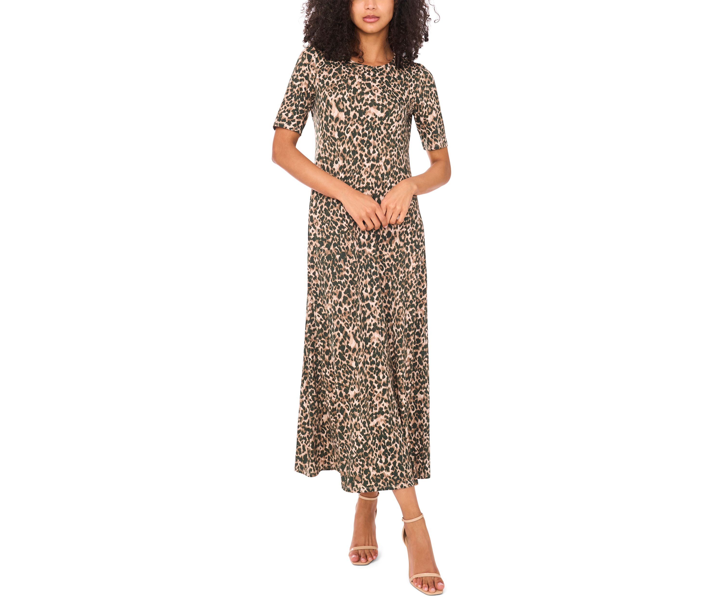 Womens Elbow Sleeve Animal Print Maxi Dress
