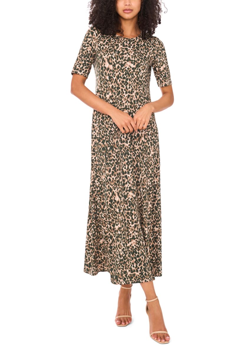 Womens Elbow Sleeve Animal Print Maxi Dress