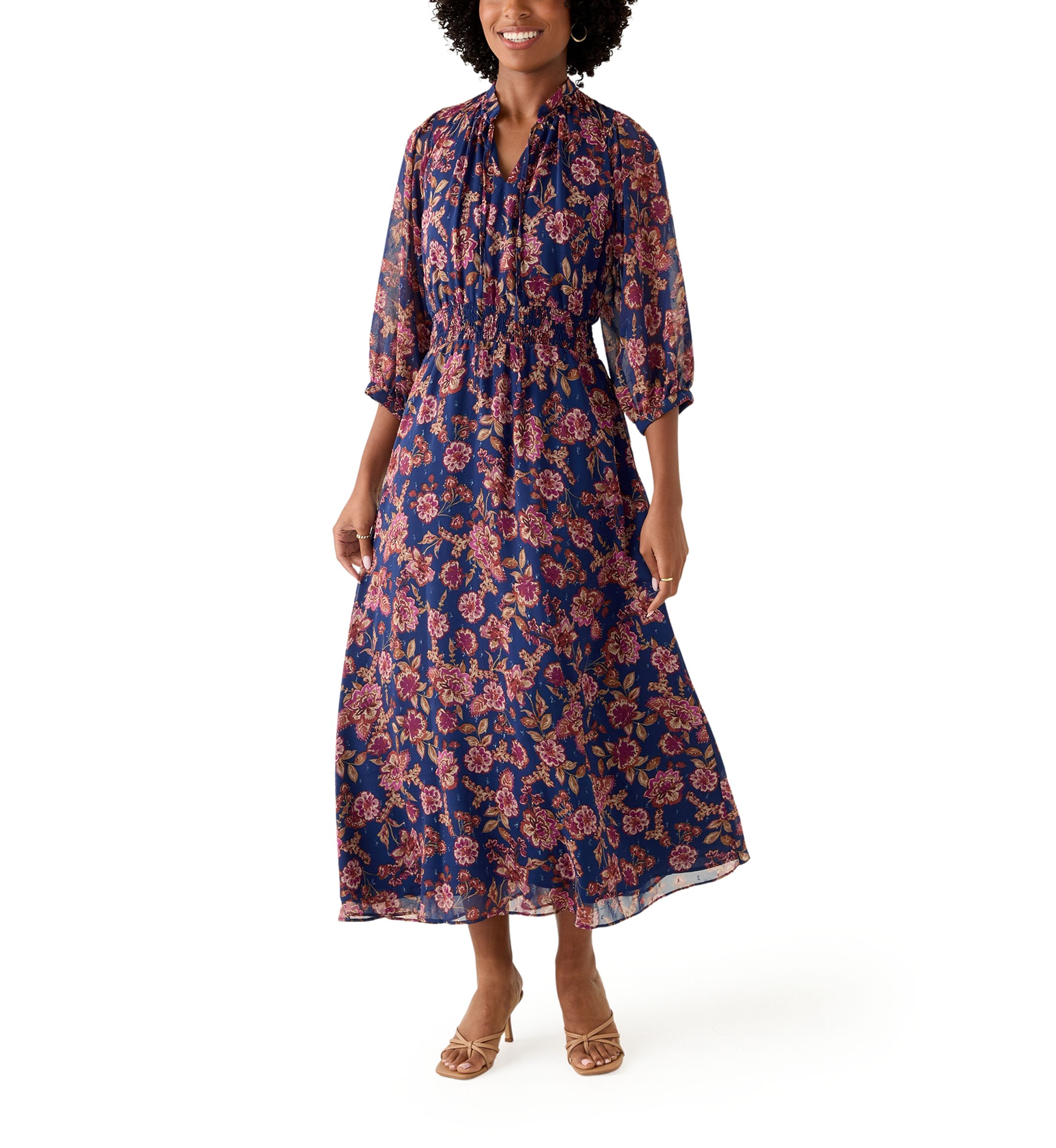 Womens Elbow Sleeve Floral Midi Dress