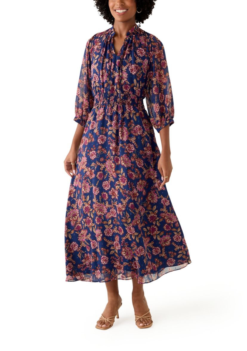 Womens Elbow Sleeve Floral Midi Dress