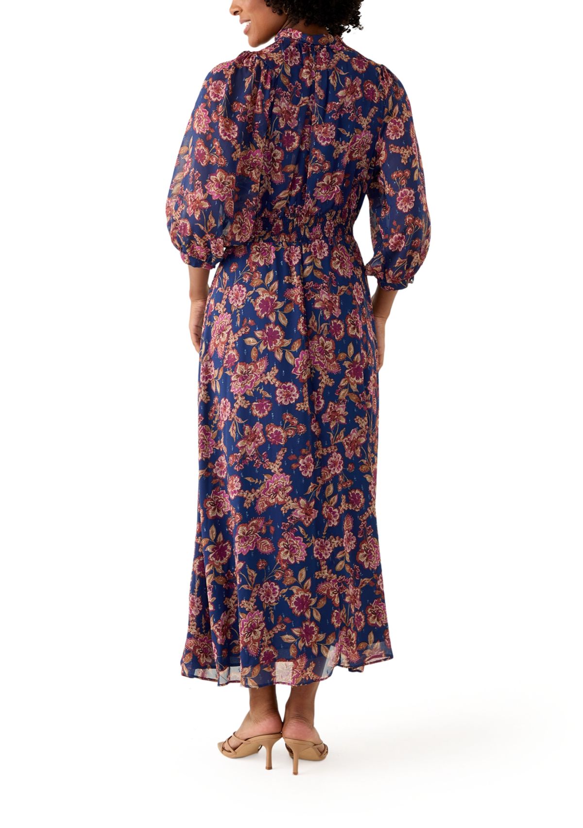 Womens Elbow Sleeve Floral Midi Dress