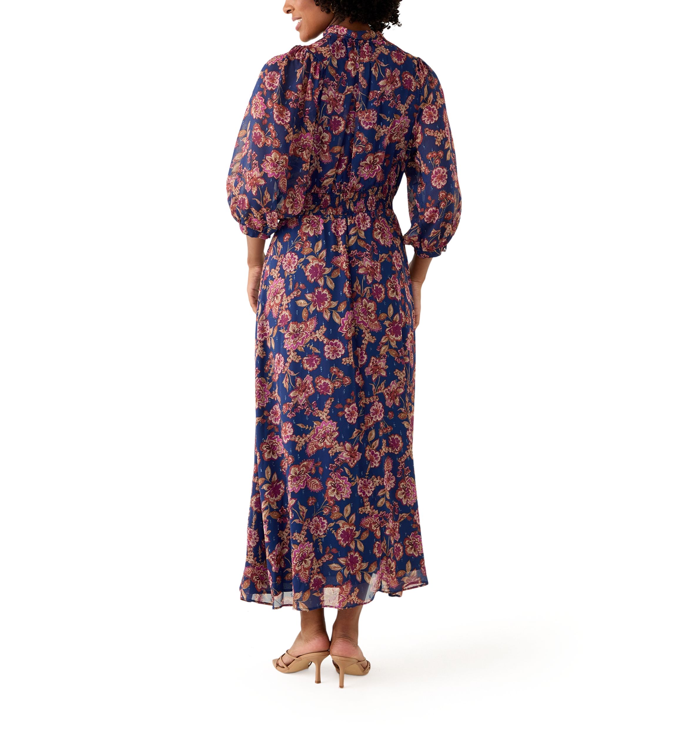 Womens Elbow Sleeve Floral Midi Dress