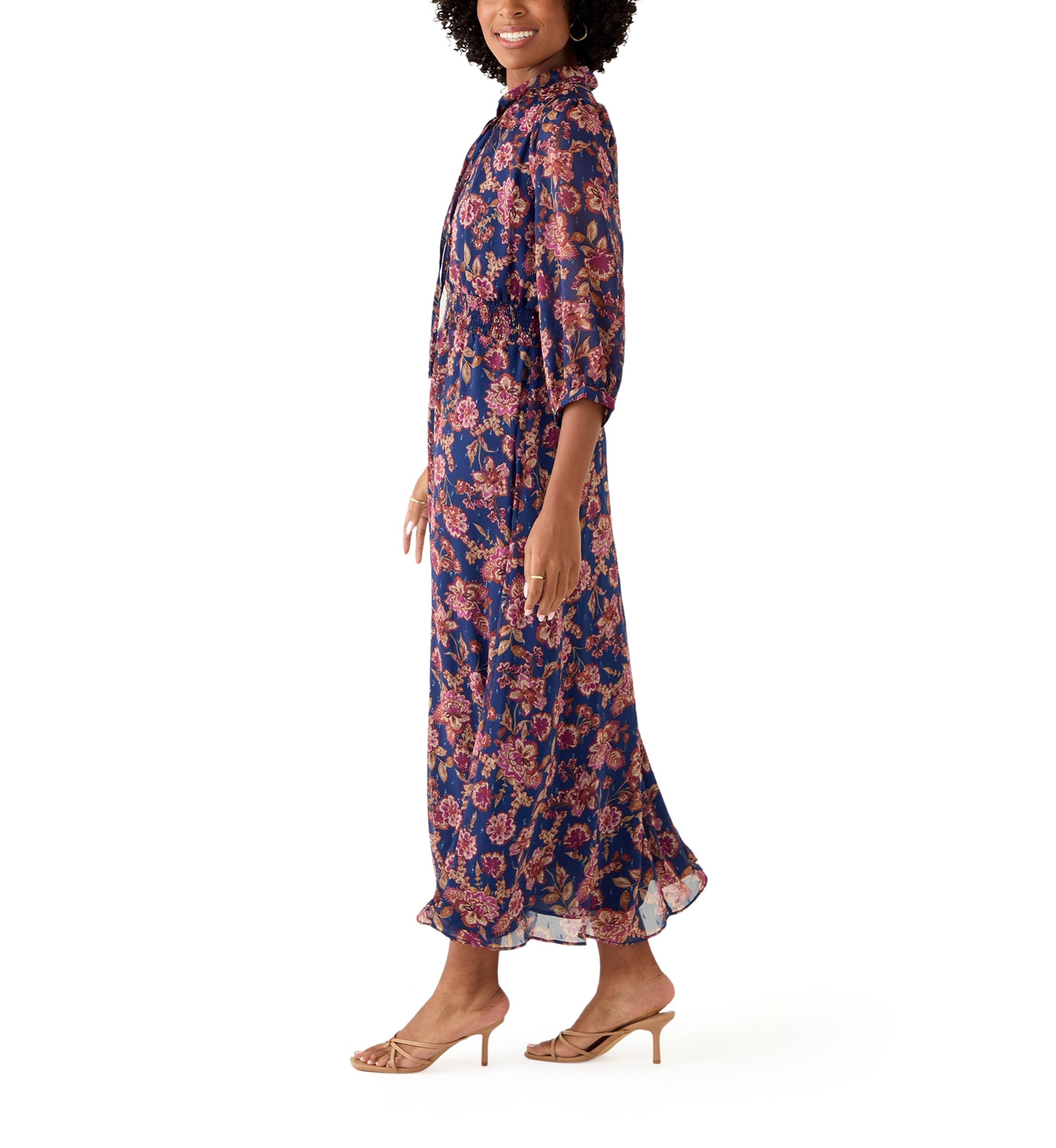 Womens Elbow Sleeve Floral Midi Dress