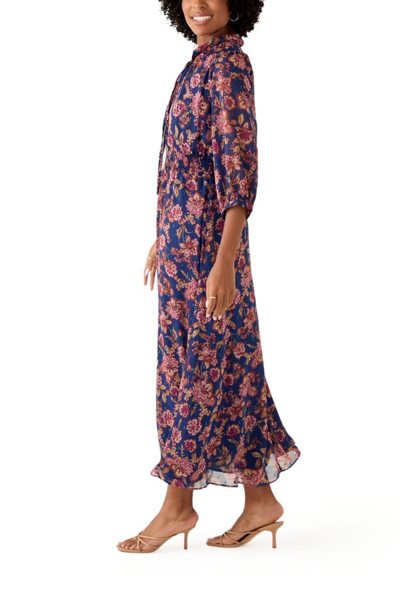 Womens Elbow Sleeve Floral Midi Dress