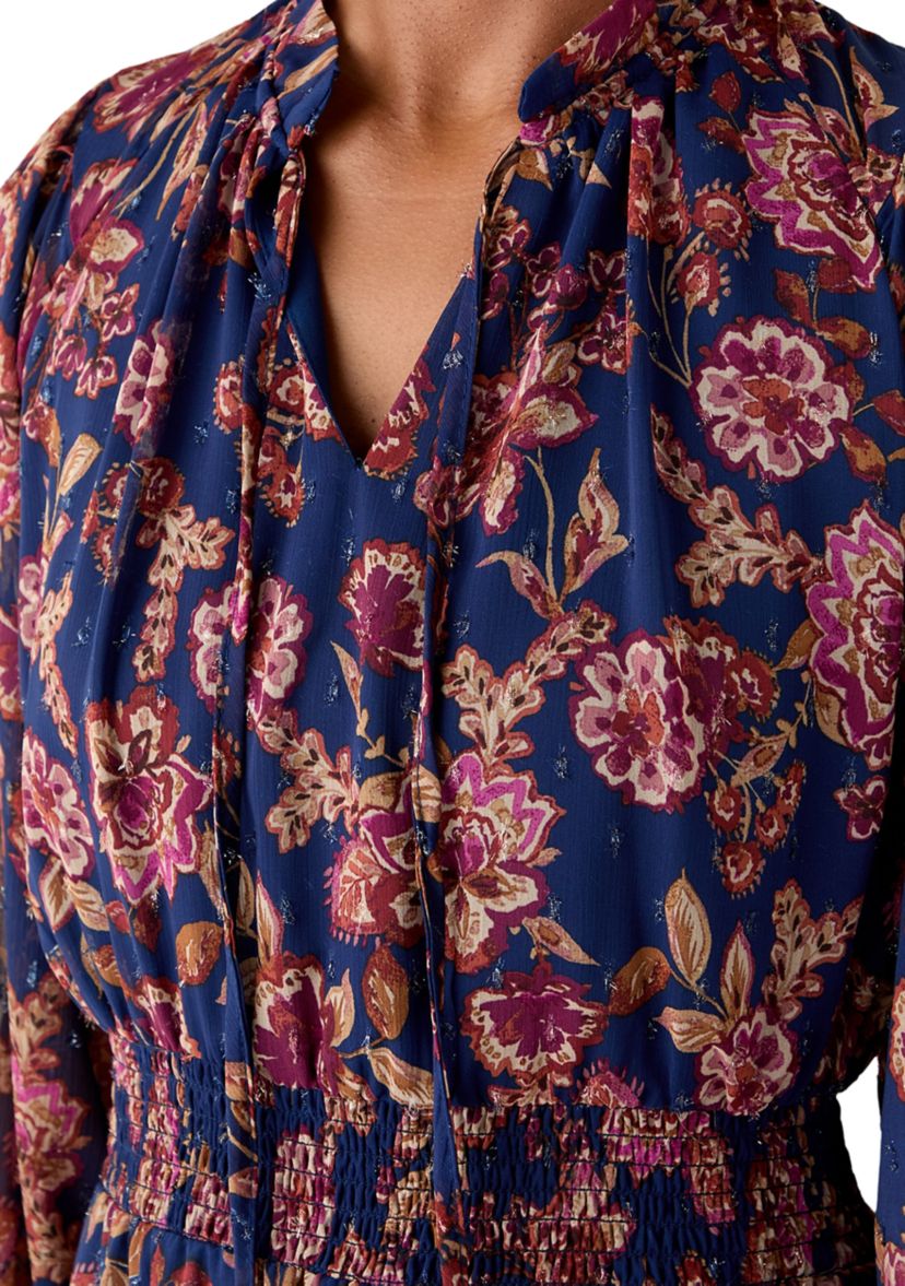 Womens Elbow Sleeve Floral Midi Dress