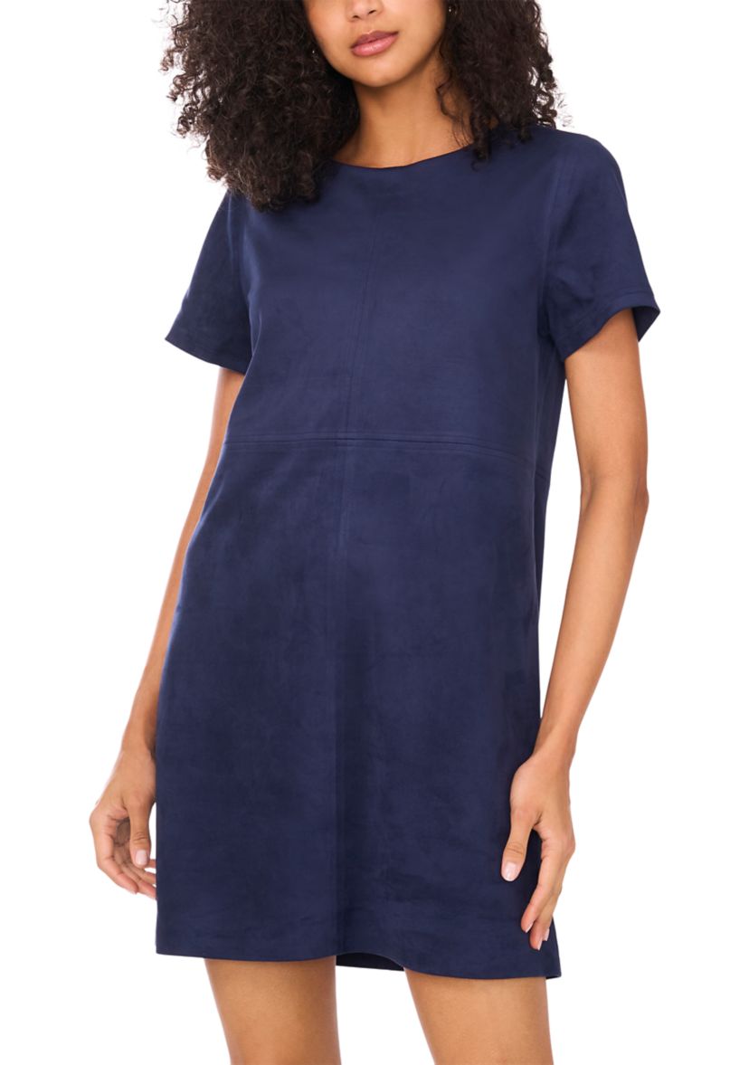 Womens Short Sleeve A-Line Vegan Suede Dress 