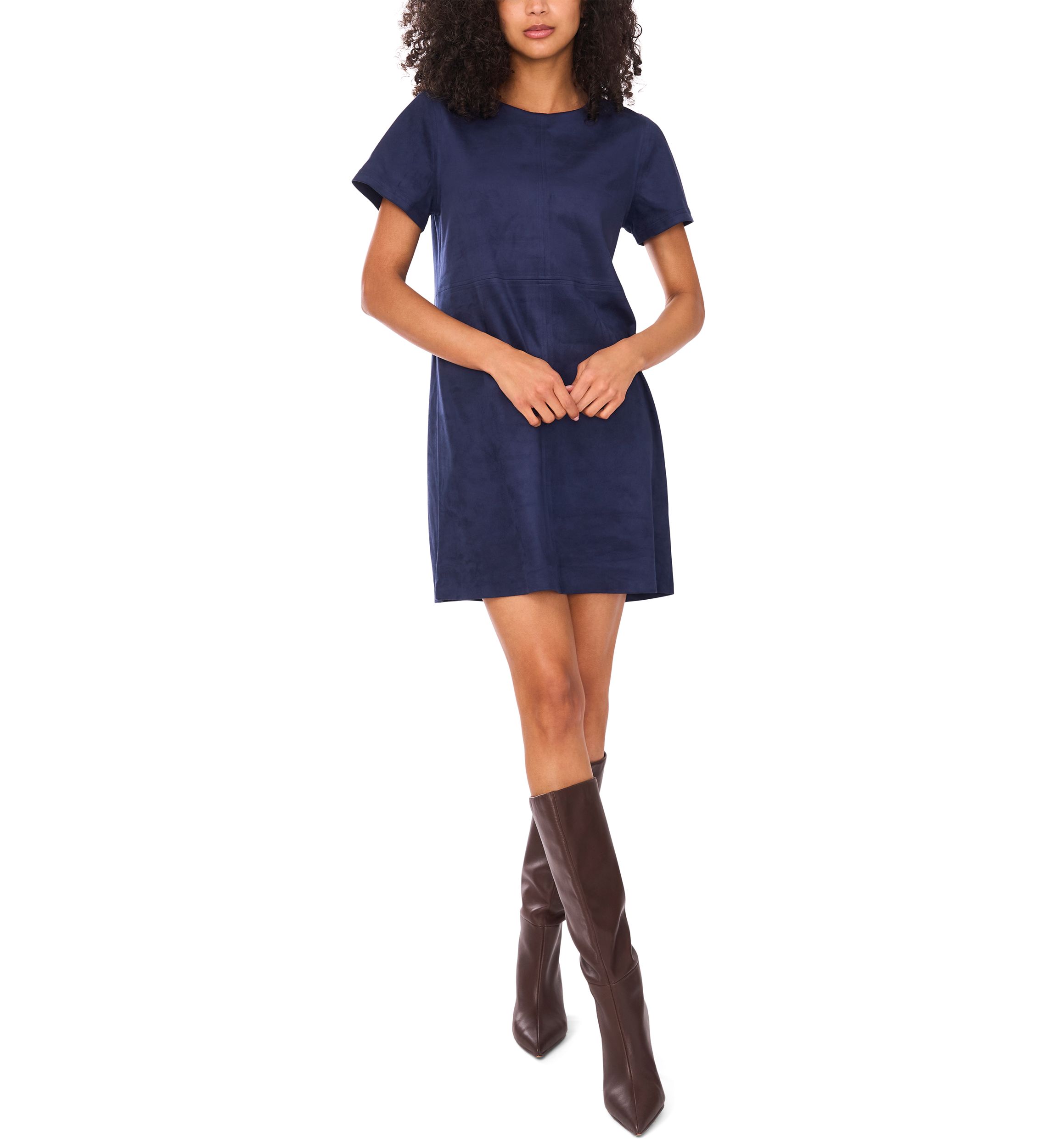 Womens Short Sleeve A-Line Vegan Suede Dress 
