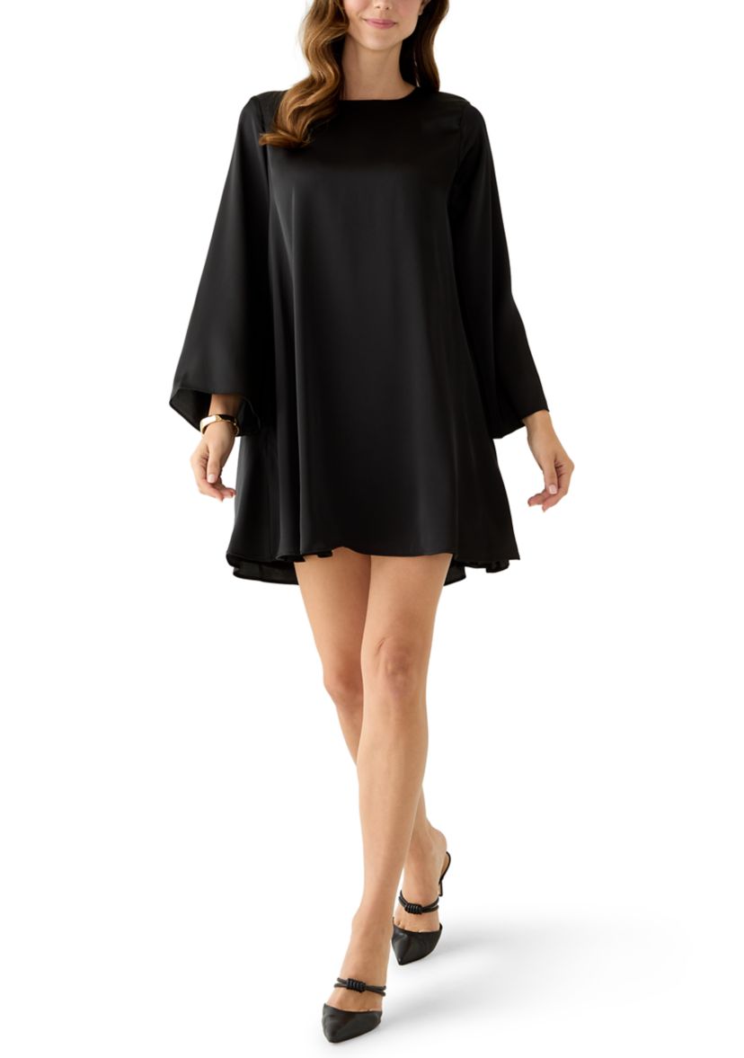 Womens Flare Long Sleeve A-Line Satin Dress