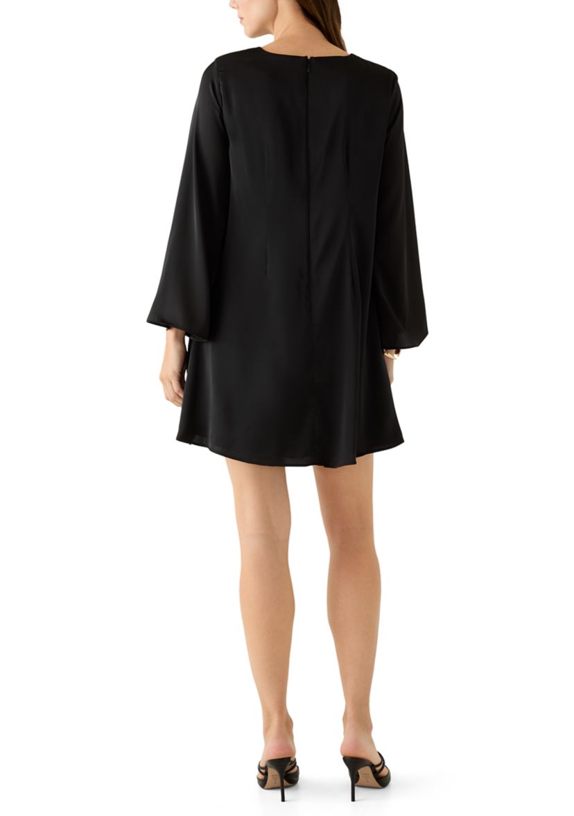 Womens Flare Long Sleeve A-Line Satin Dress