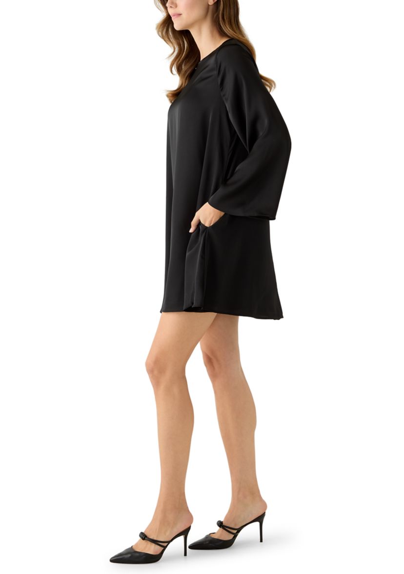 Womens Flare Long Sleeve A-Line Satin Dress