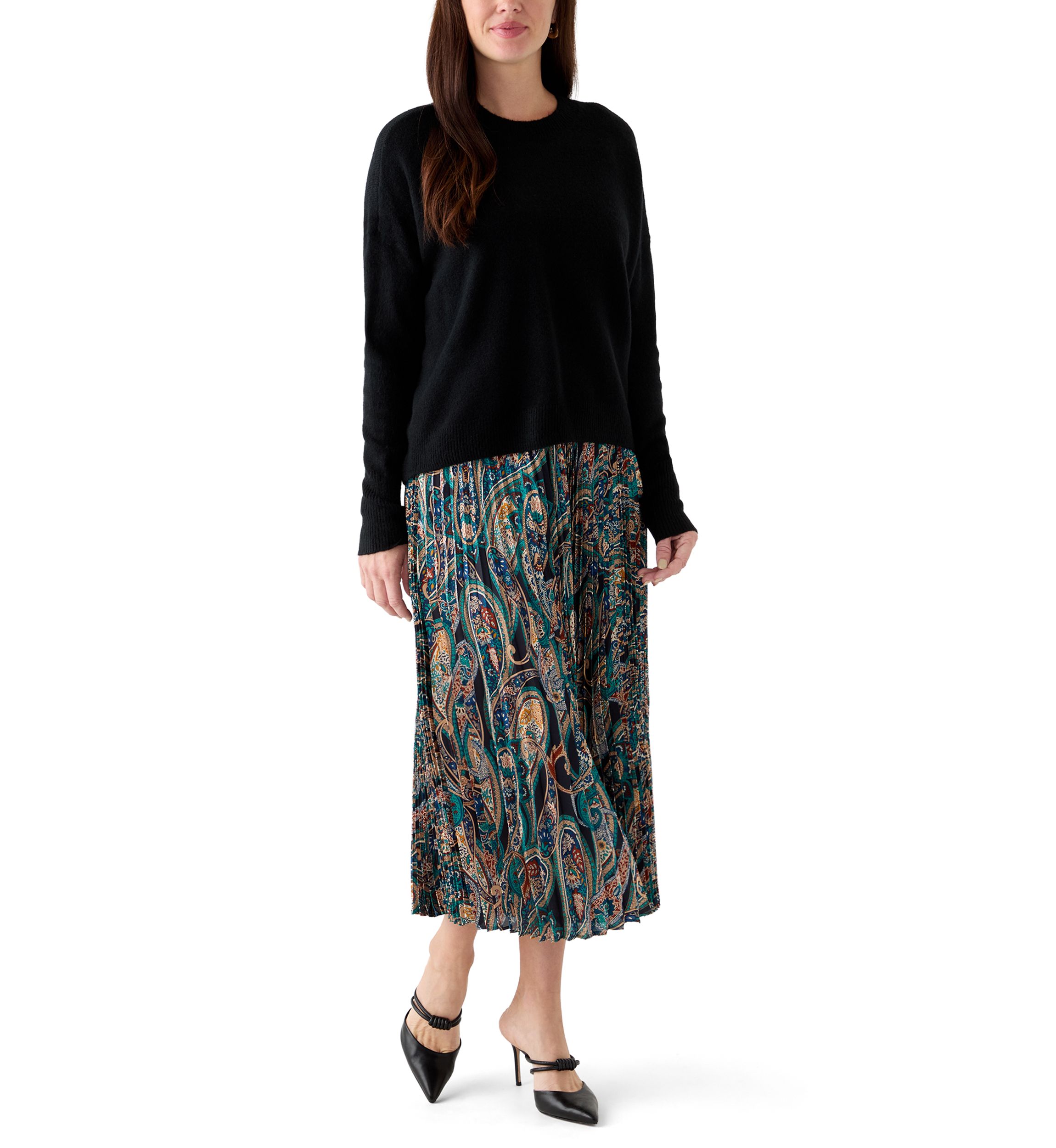 Womens Long Sleeve Sweater Paisley Pleated Twofer Skirt