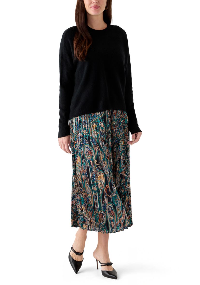 Womens Long Sleeve Sweater Paisley Pleated Twofer Skirt