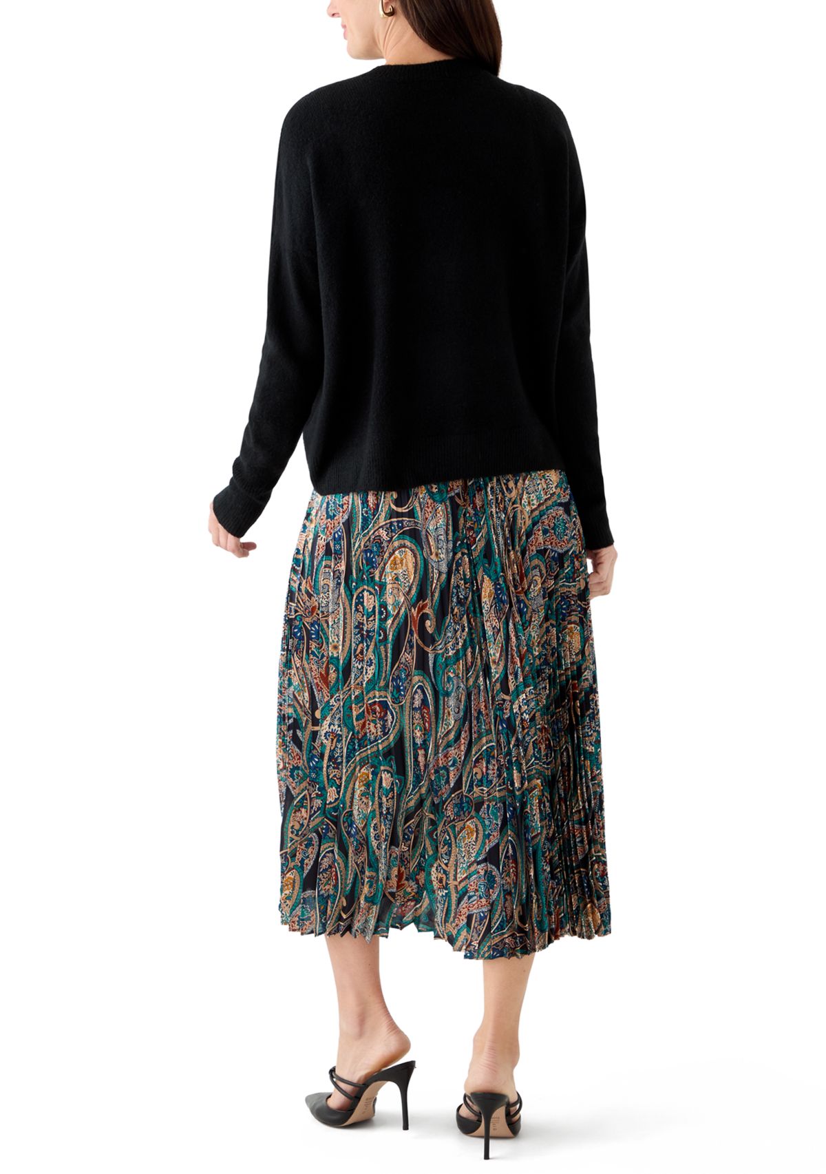 Womens Long Sleeve Sweater Paisley Pleated Twofer Skirt