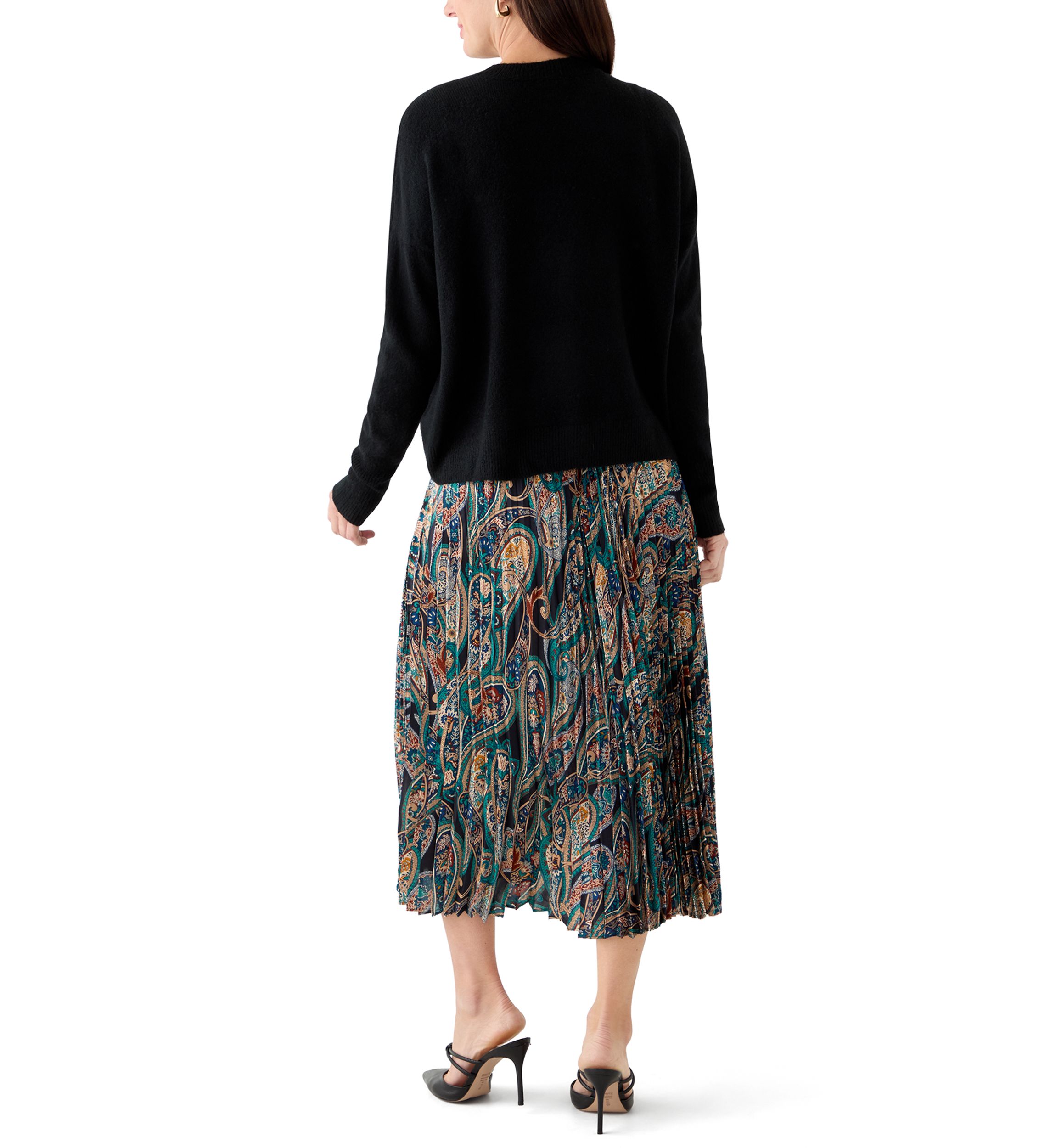 Womens Long Sleeve Sweater Paisley Pleated Twofer Skirt