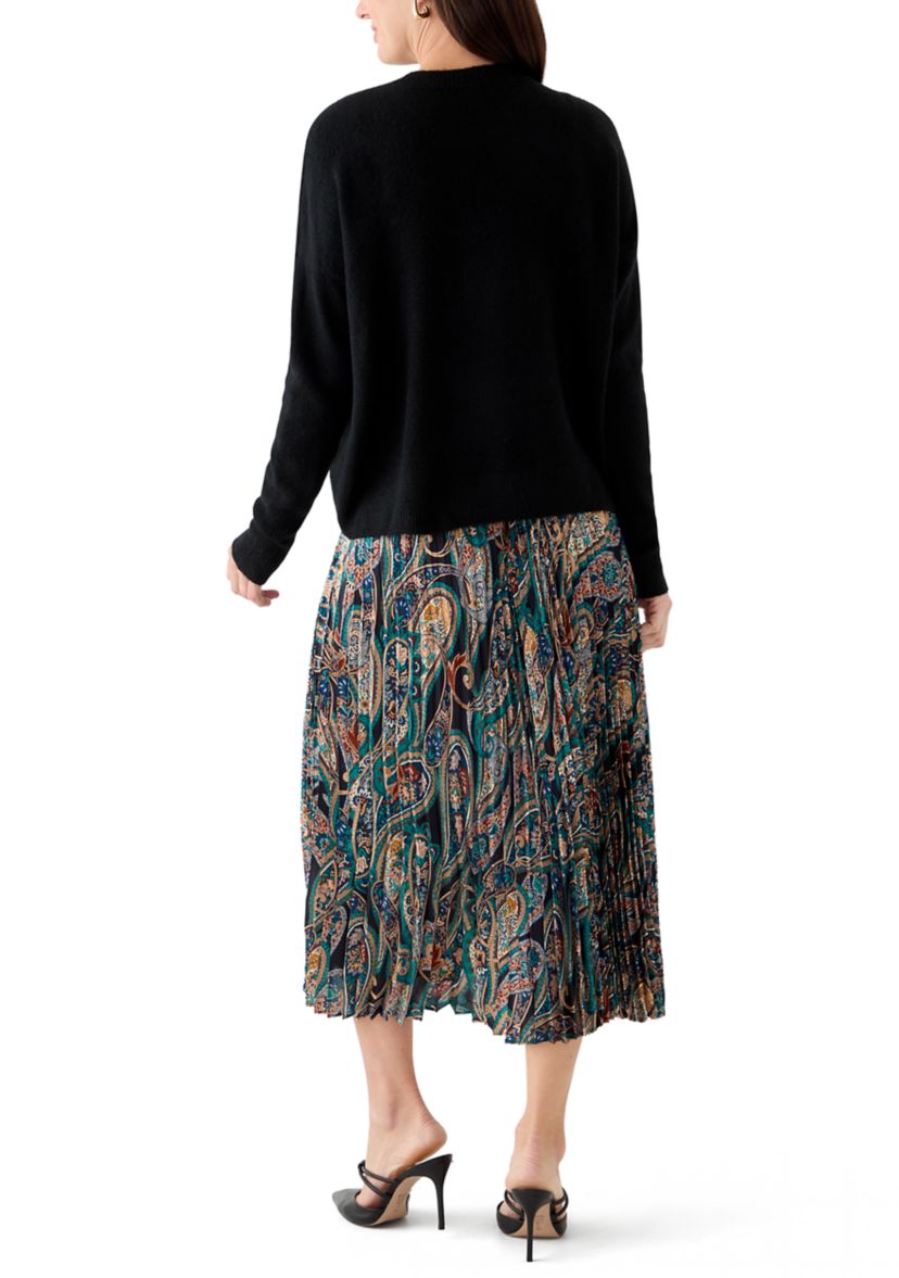 Womens Long Sleeve Sweater Paisley Pleated Twofer Skirt