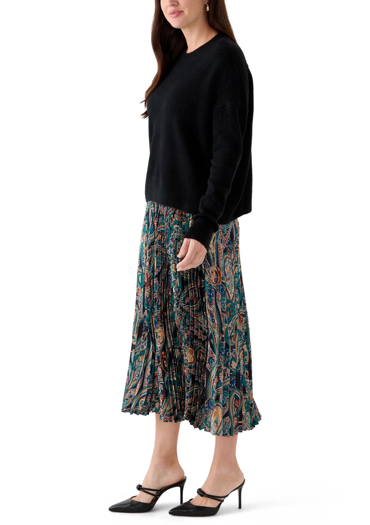 Womens Long Sleeve Sweater Paisley Pleated Twofer Skirt