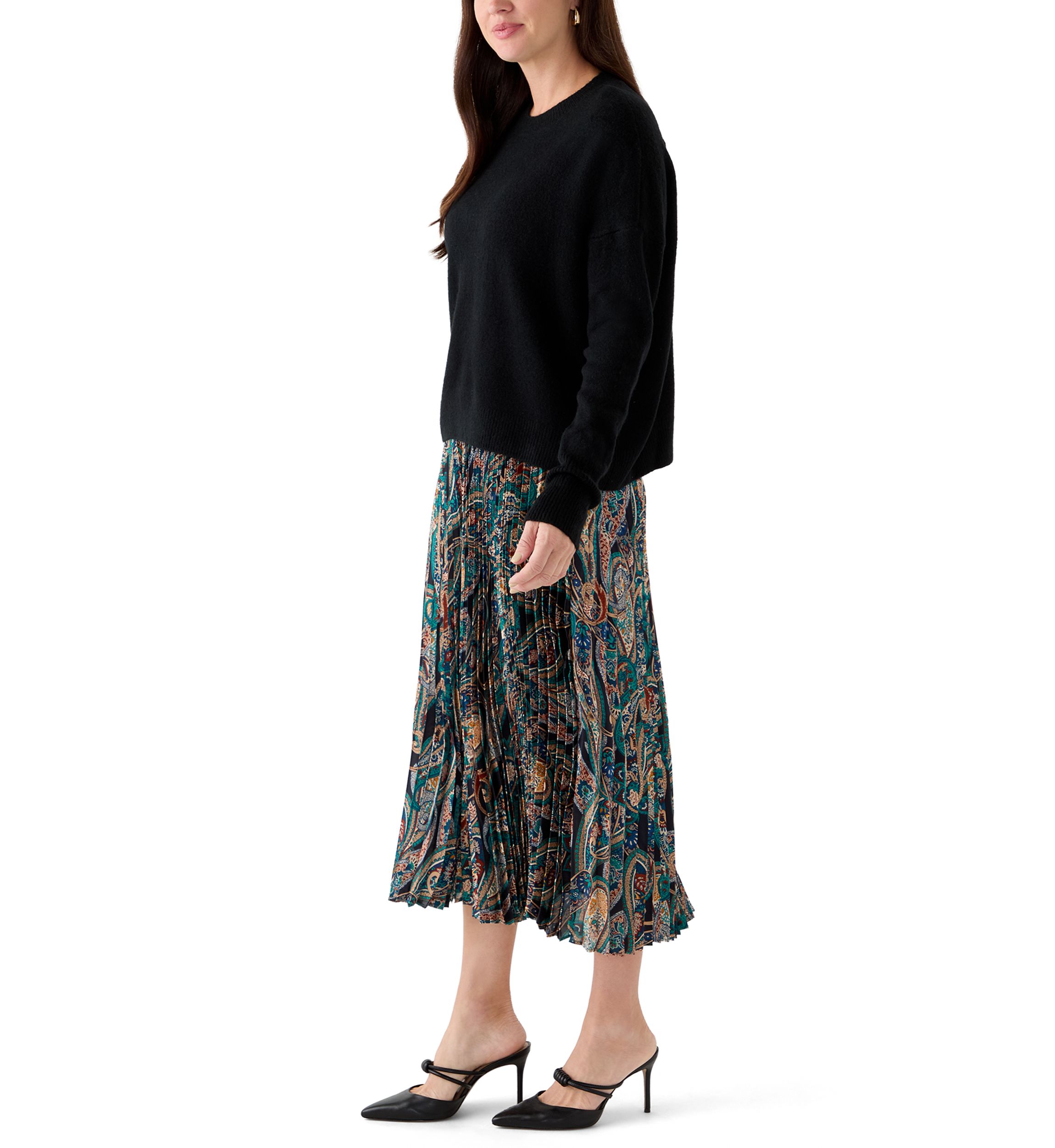 Womens Long Sleeve Sweater Paisley Pleated Twofer Skirt