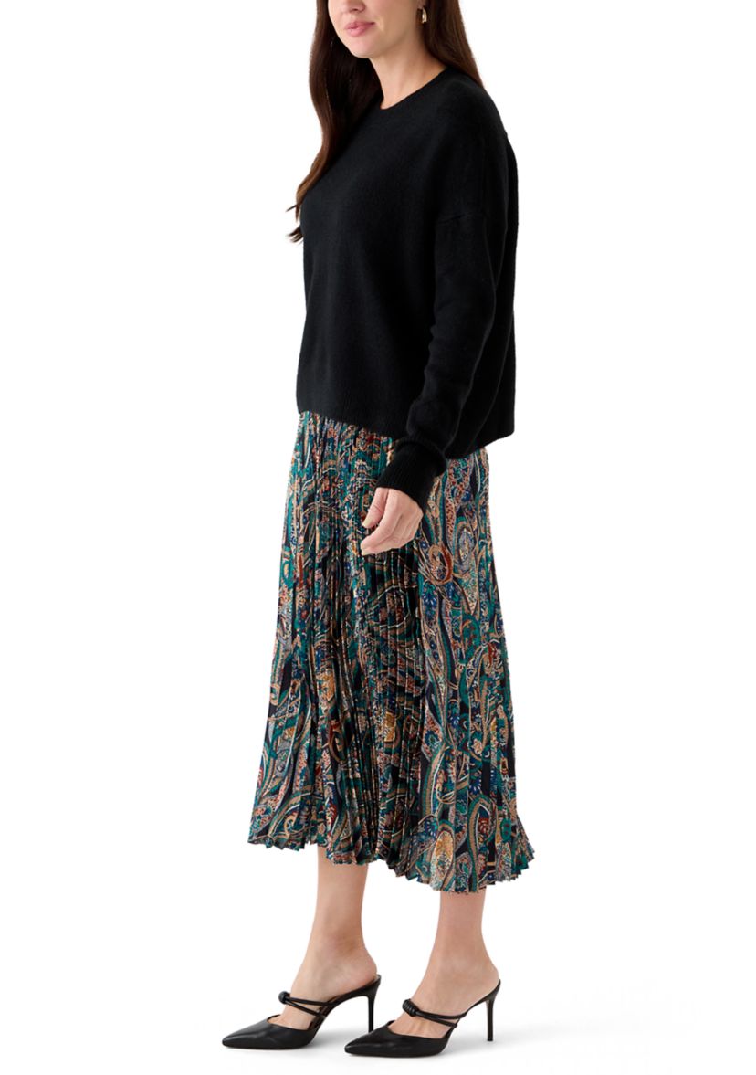 Womens Long Sleeve Sweater Paisley Pleated Twofer Skirt