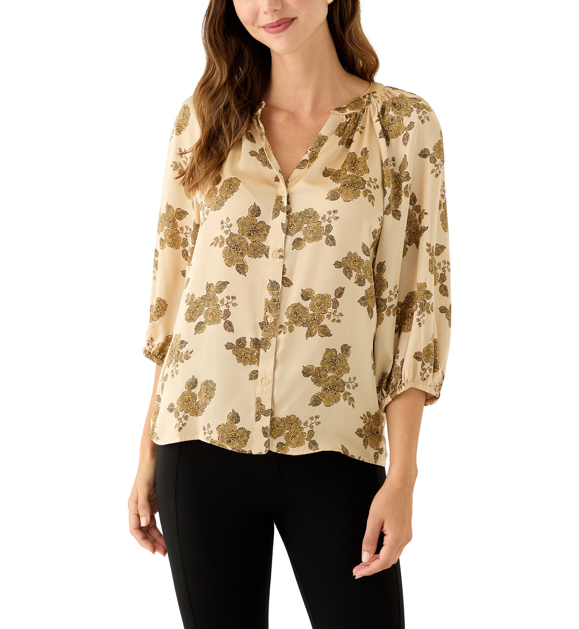 Womens 3/4 Sleeve Split Neck Button Front Floral Blouse 