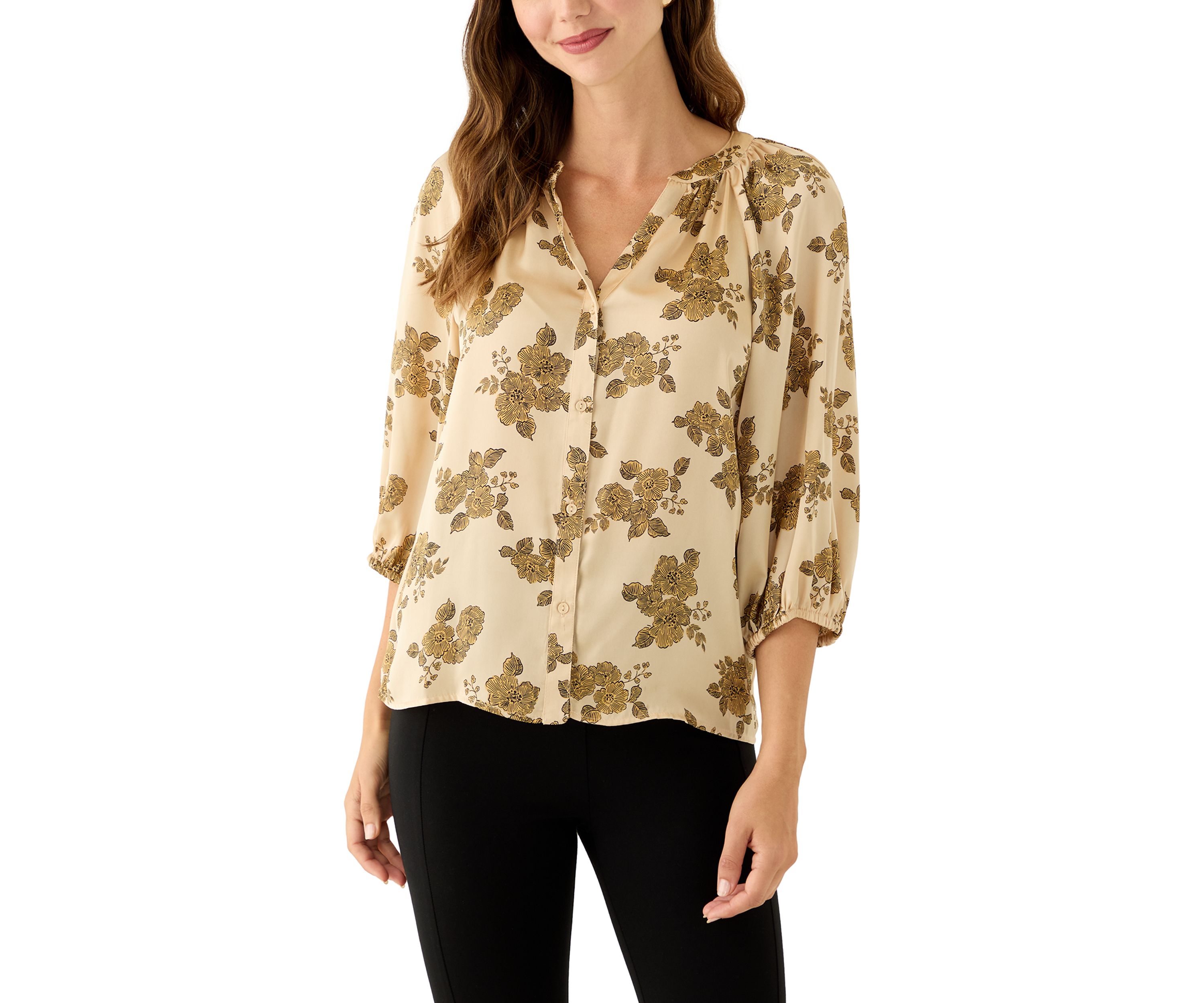 Womens 3/4 Sleeve Split Neck Button Front Floral Blouse 