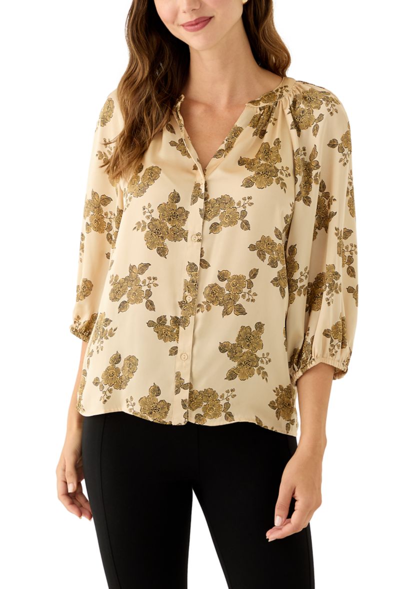 Womens 3/4 Sleeve Split Neck Button Front Floral Blouse 