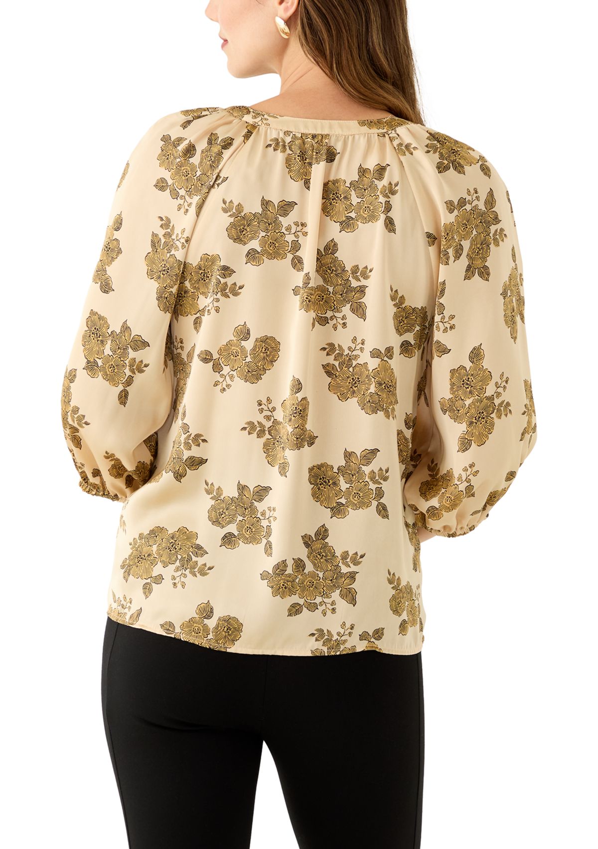 Womens 3/4 Sleeve Split Neck Button Front Floral Blouse 