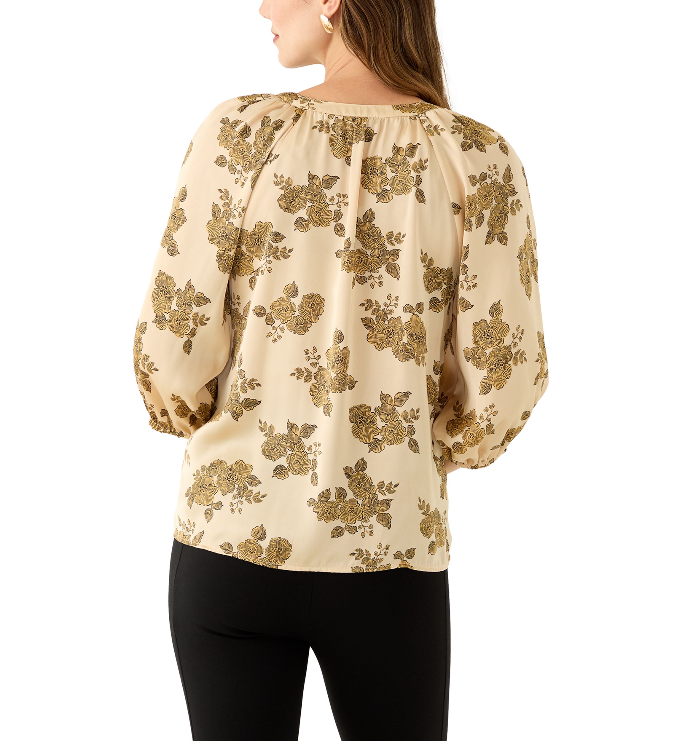 Womens 3/4 Sleeve Split Neck Button Front Floral Blouse 