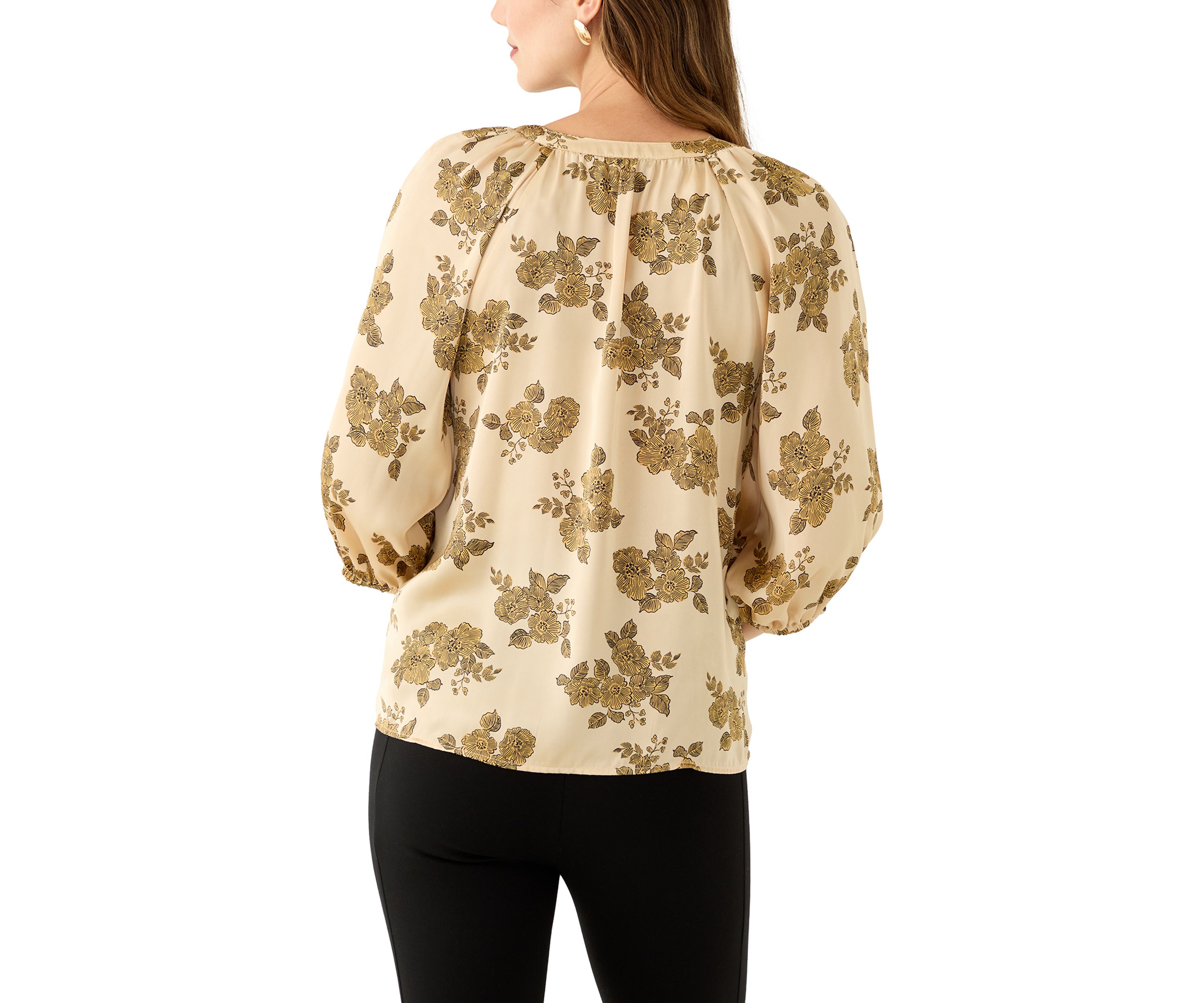 Womens 3/4 Sleeve Split Neck Button Front Floral Blouse 