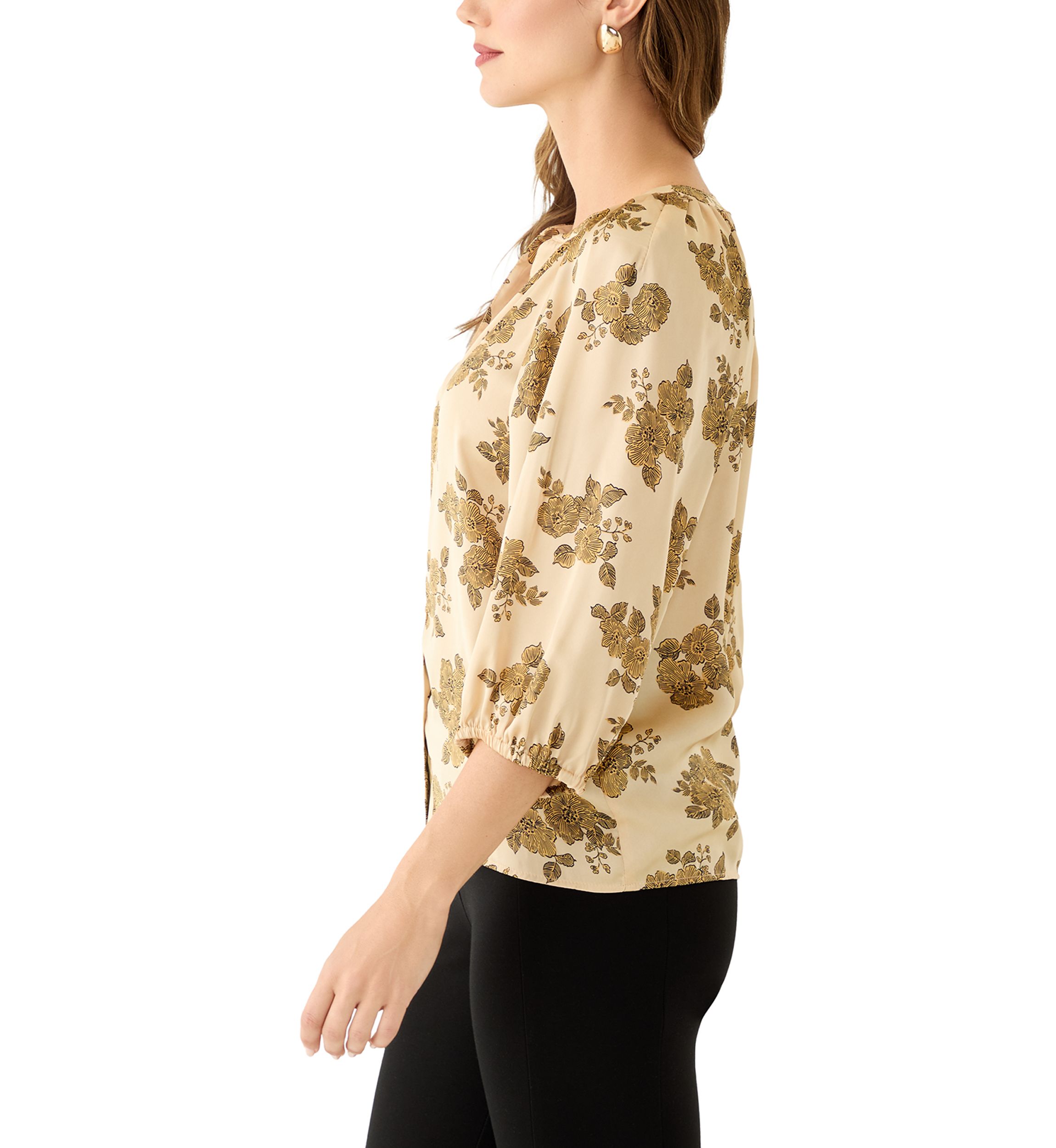 Womens 3/4 Sleeve Split Neck Button Front Floral Blouse 