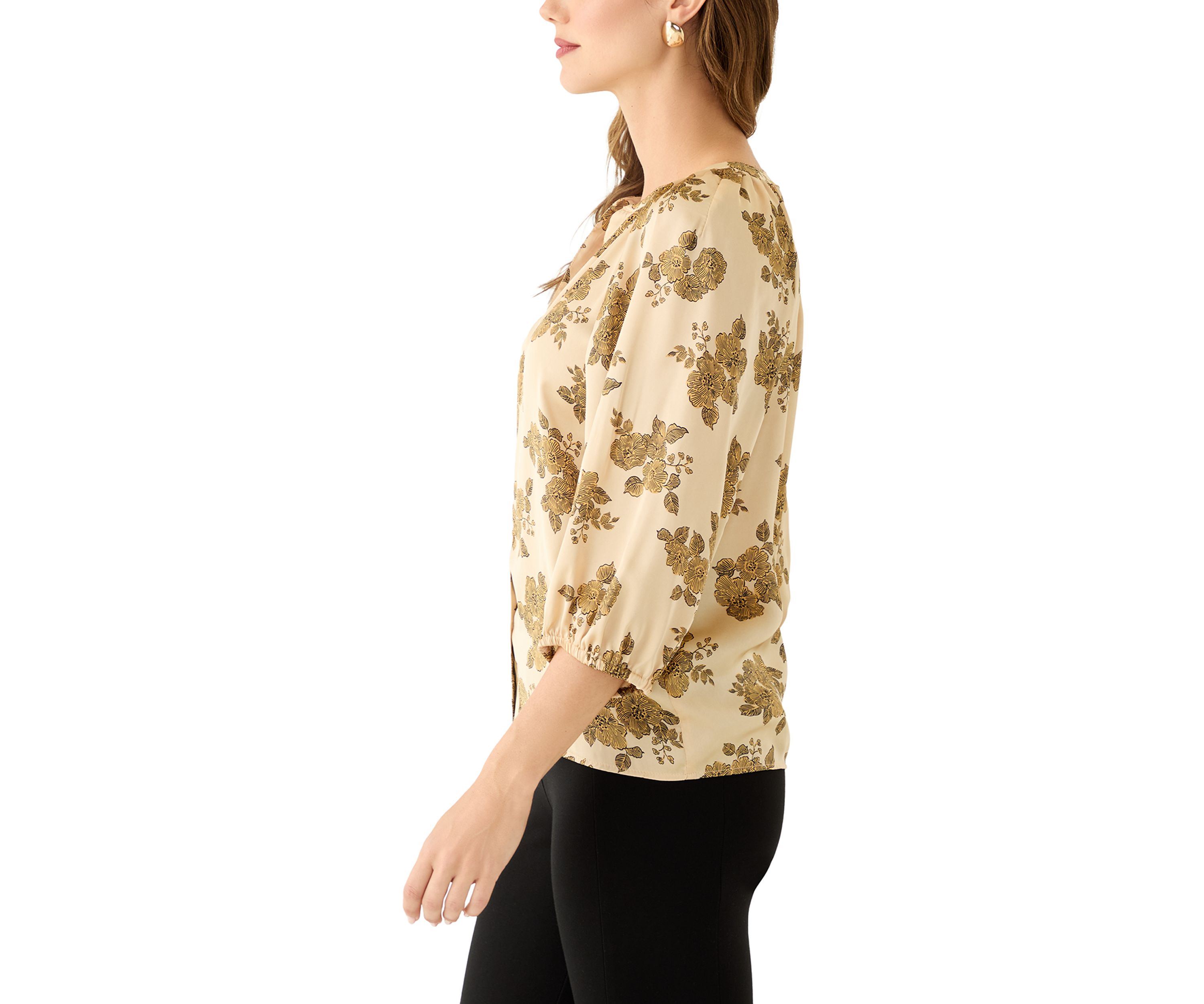 Womens 3/4 Sleeve Split Neck Button Front Floral Blouse 