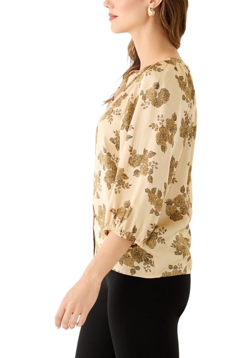 Womens 3/4 Sleeve Split Neck Button Front Floral Blouse 