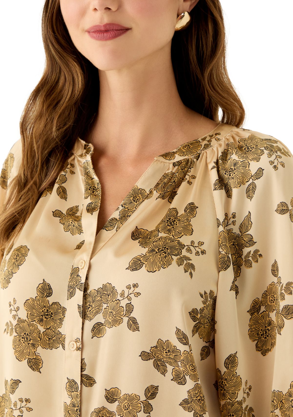 Womens 3/4 Sleeve Split Neck Button Front Floral Blouse 