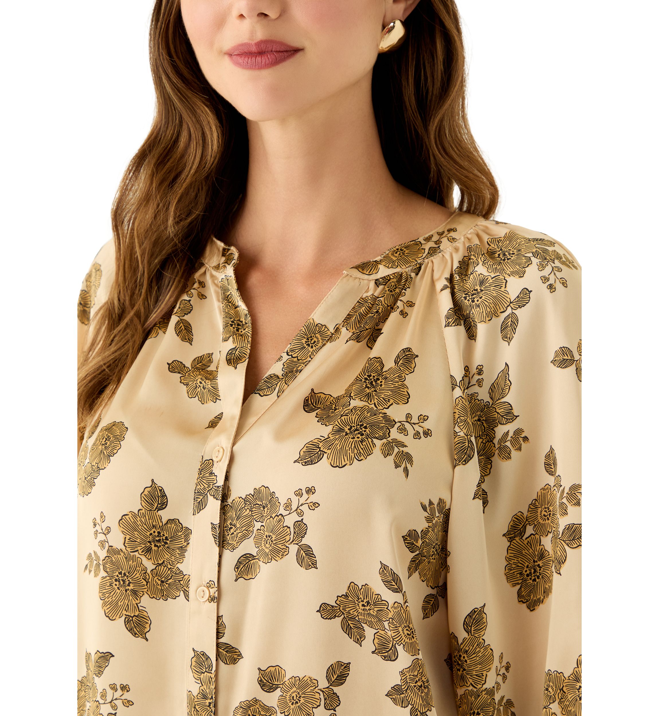 Womens 3/4 Sleeve Split Neck Button Front Floral Blouse 