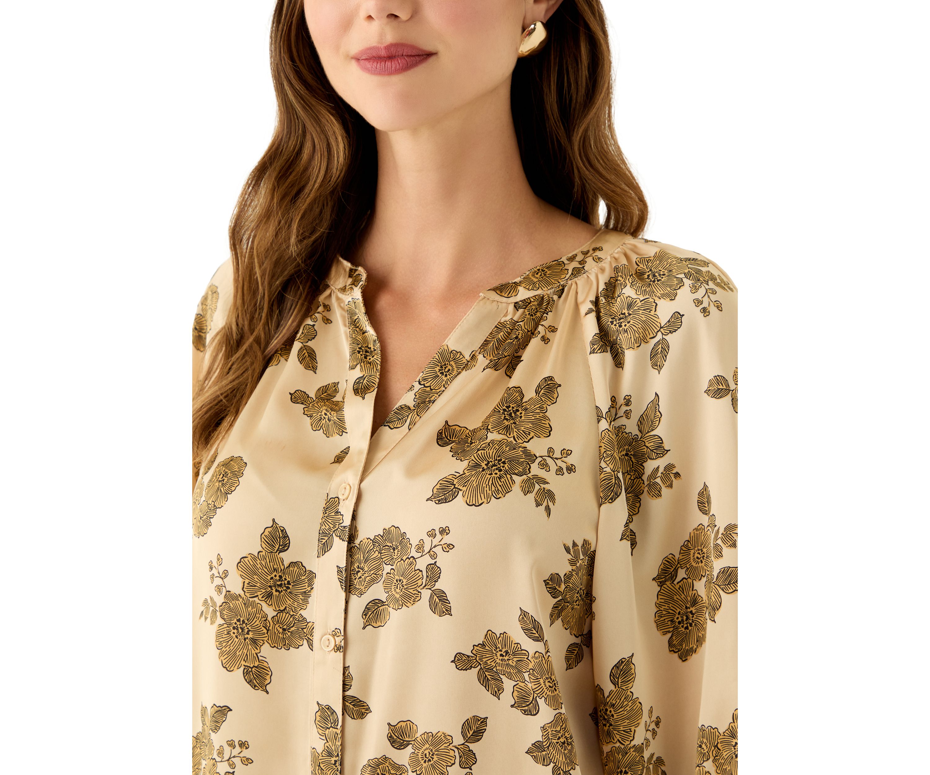 Womens 3/4 Sleeve Split Neck Button Front Floral Blouse 