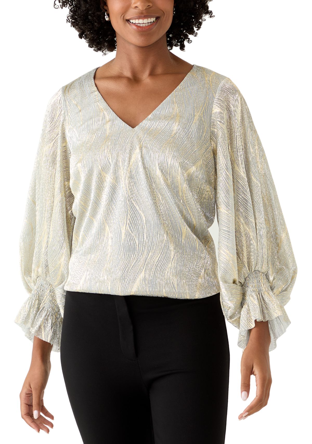 Womens Smocked Sleeveless V-Neck Shine Blouse