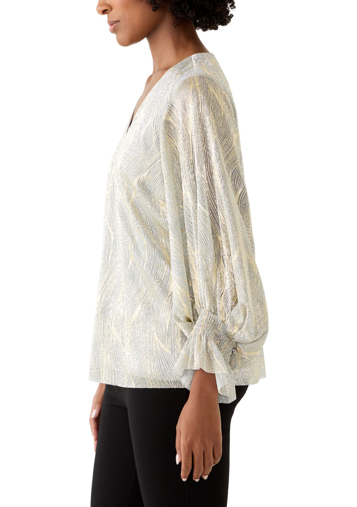 Womens Smocked Sleeveless V-Neck Shine Blouse