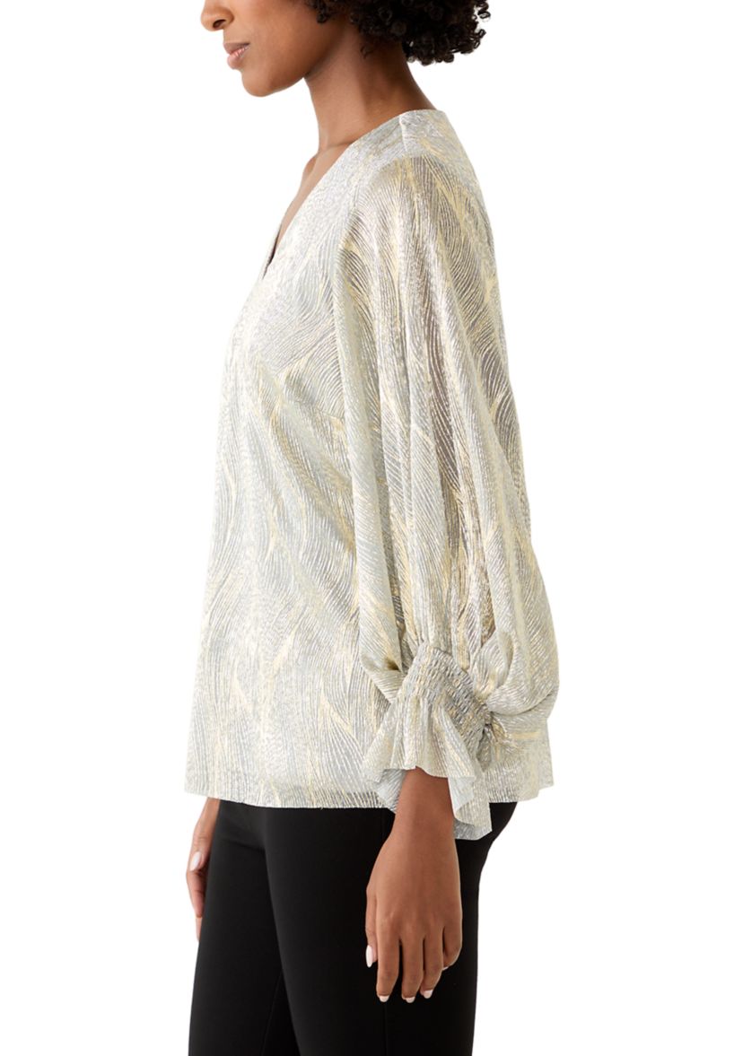 Womens Smocked Sleeveless V-Neck Shine Blouse