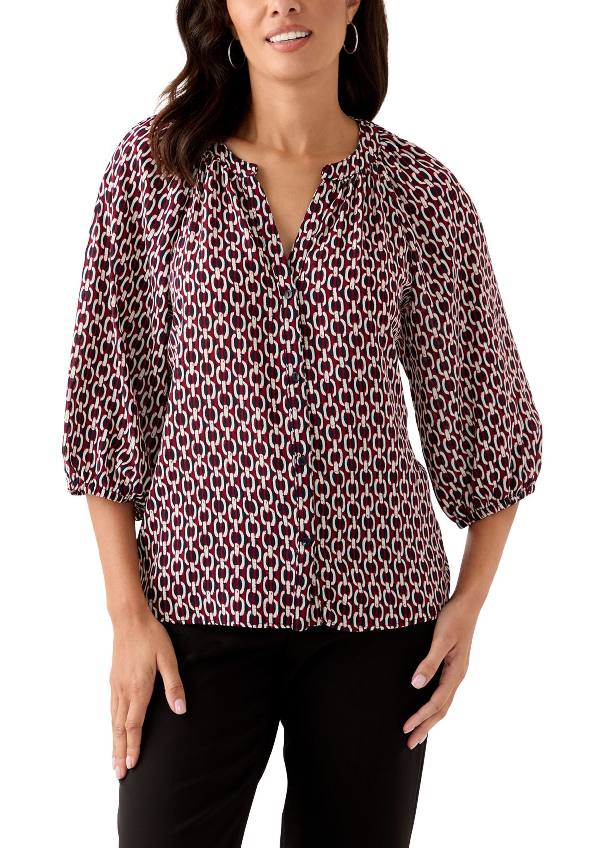  Womens 3/4 Sleeve Split Neck Button Front Top 