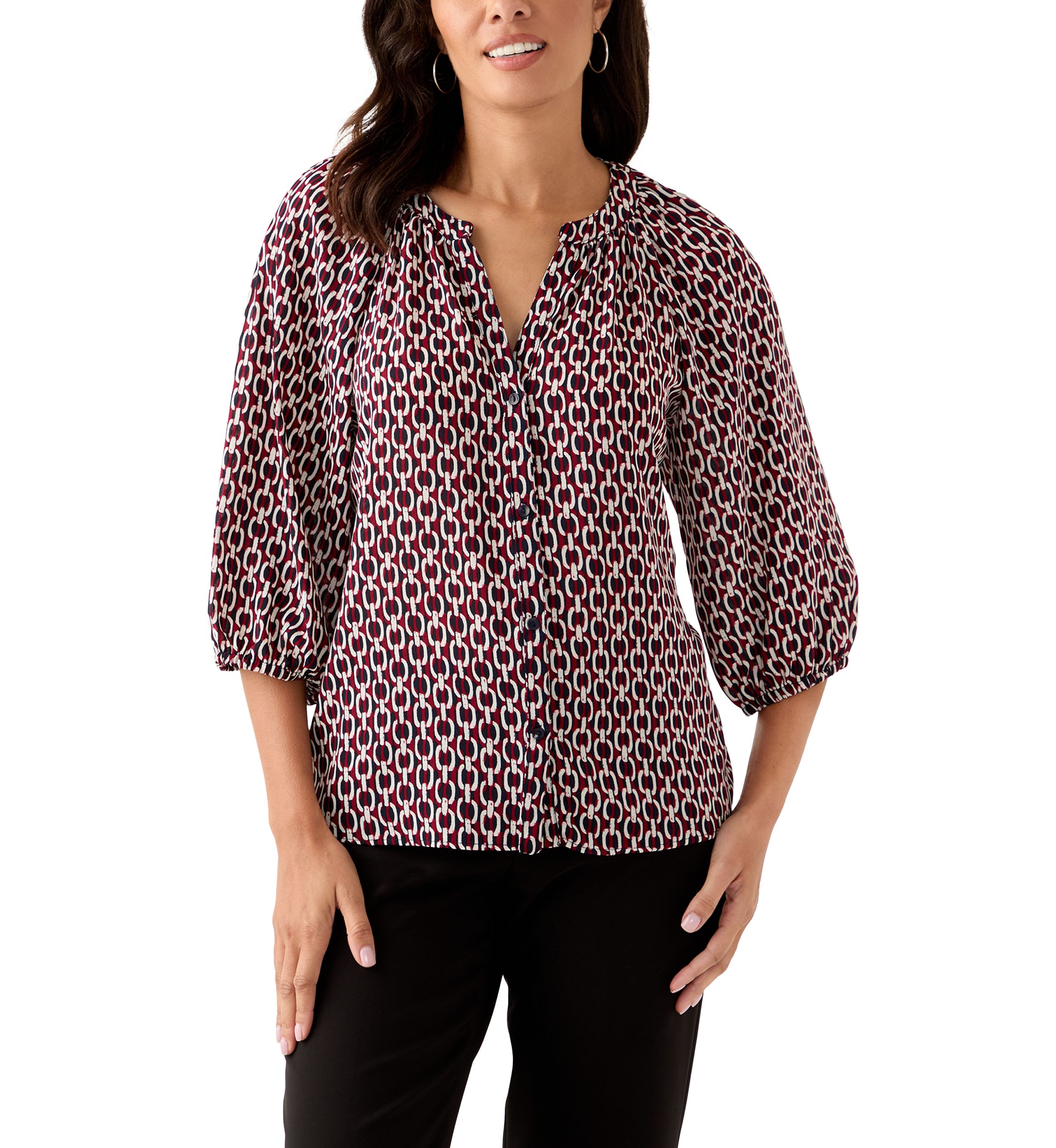  Womens 3/4 Sleeve Split Neck Button Front Top 