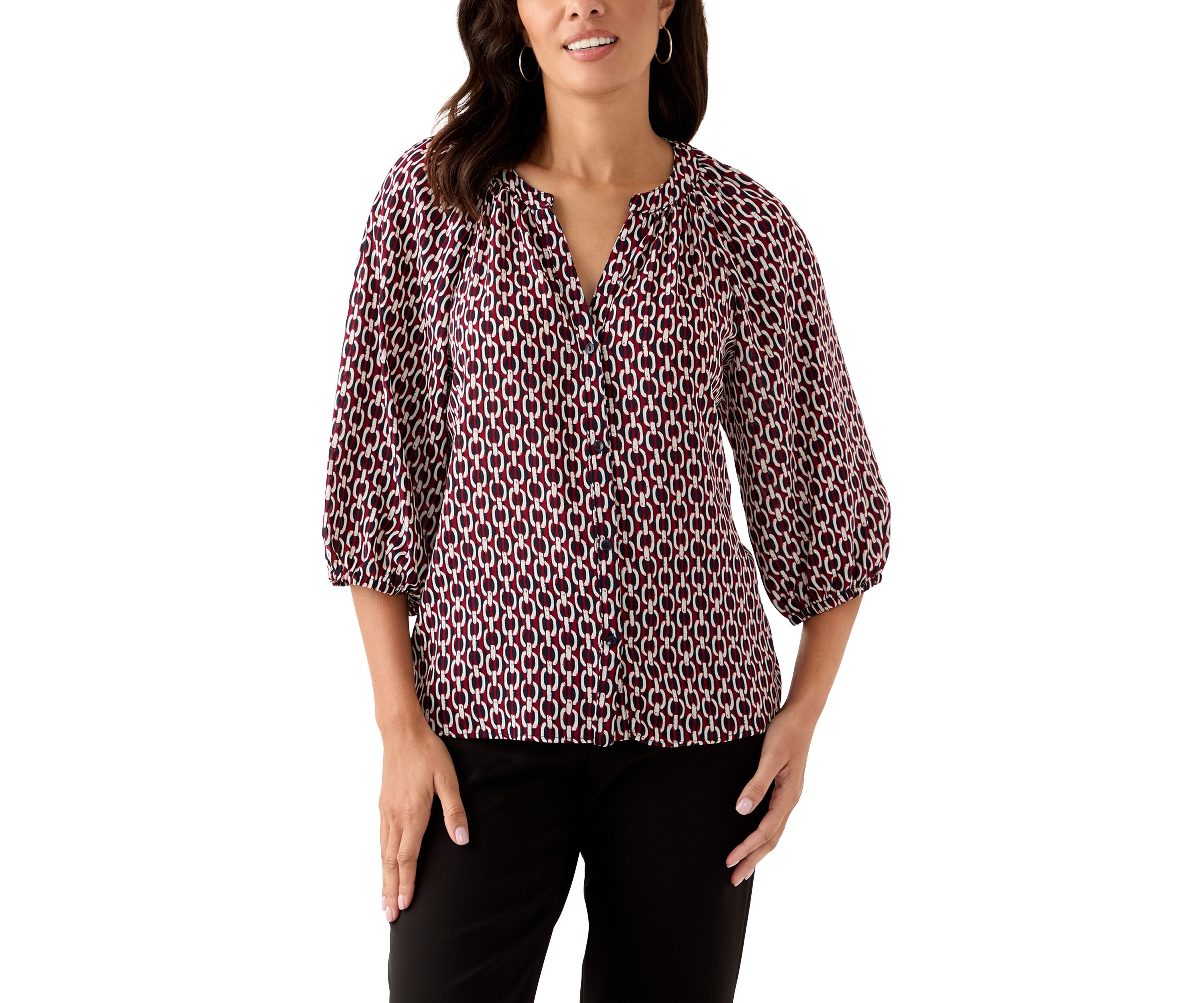  Womens 3/4 Sleeve Split Neck Button Front Top 
