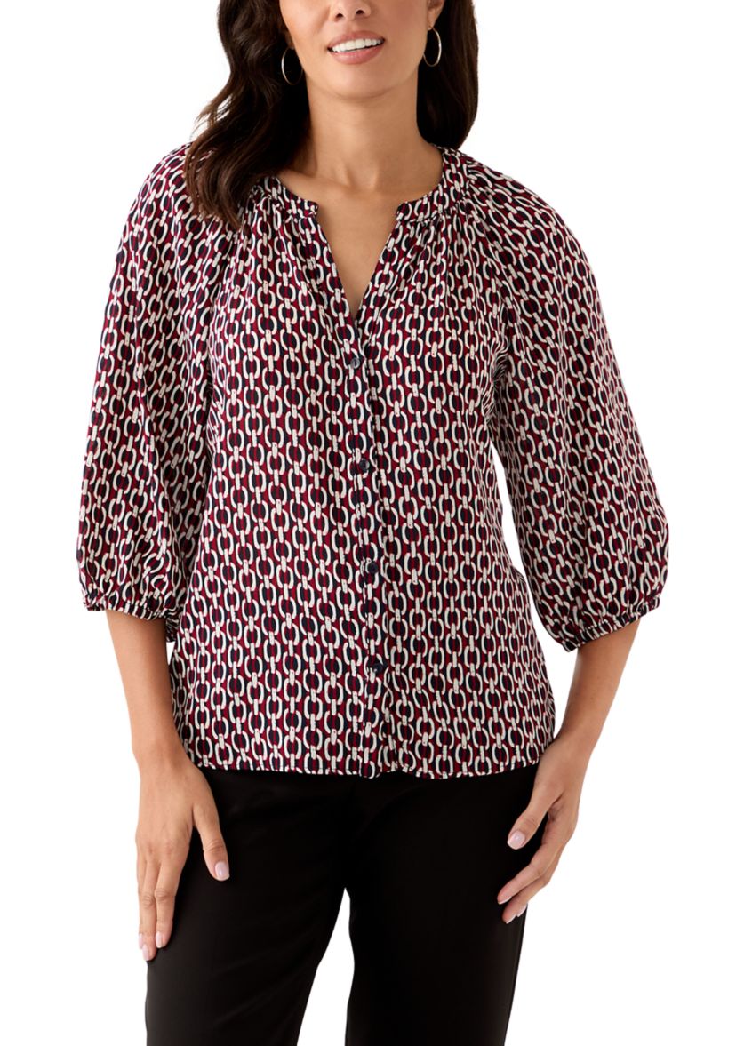  Womens 3/4 Sleeve Split Neck Button Front Top 