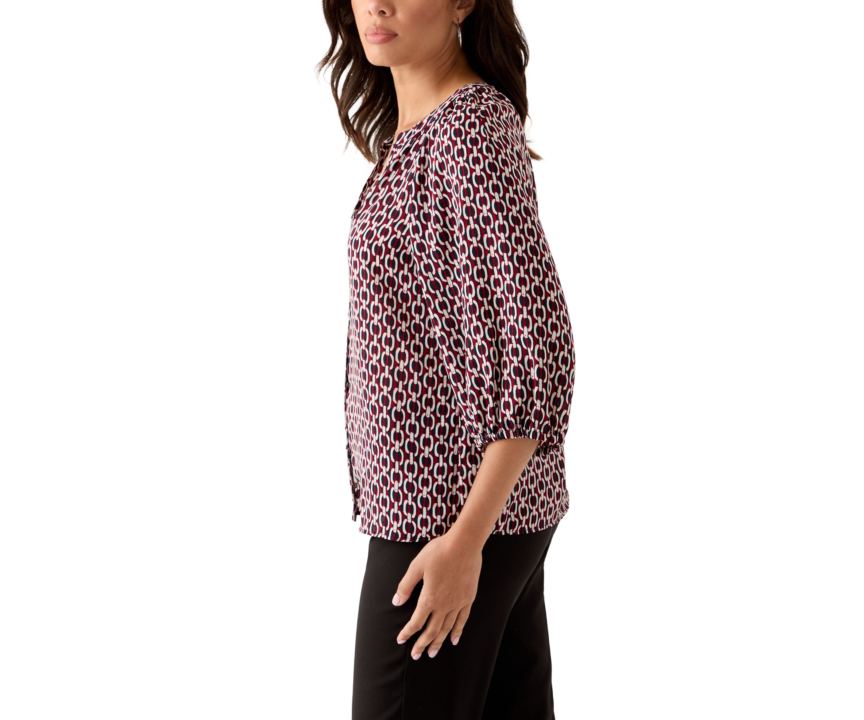  Womens 3/4 Sleeve Split Neck Button Front Top 